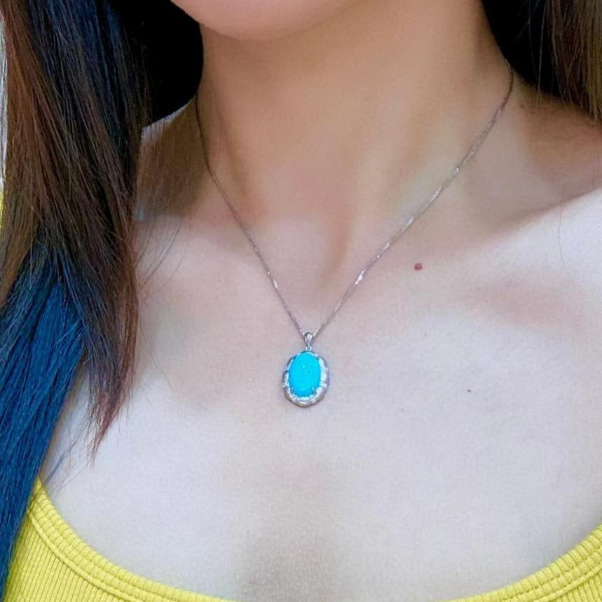 14k Gold 5.21 Ctw Natural Blue Turquoise & Diamond Pendant( Without Chain ) - 4