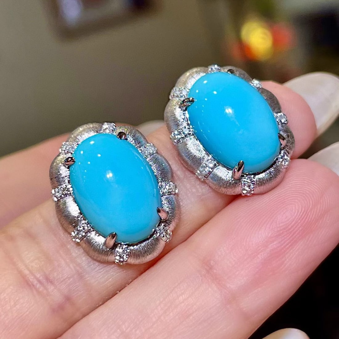 14k Gold 10.06 Ctw Natural Blue Turquoise & Diamond Earrings - 2