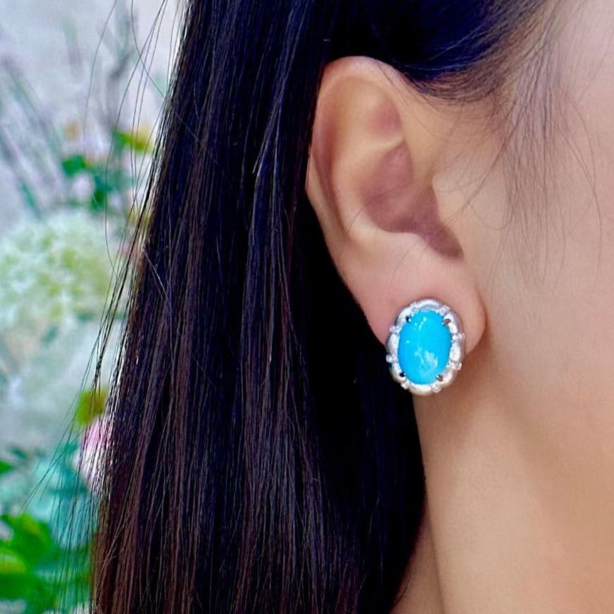 14k Gold 10.06 Ctw Natural Blue Turquoise & Diamond Earrings - 4