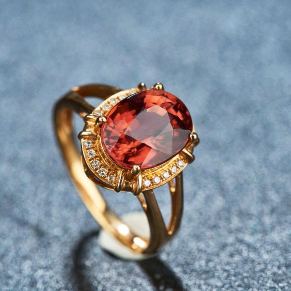 14k Gold 3.3 Ct Natural Tourmaline & Diamond Ring: Ref:231127203 // gold content:14k gold // ring size:7. 25us // // main gemstone:tourmaline // shape:oval // carat weight:3. 3ct // color:red // treatment:natural // // adjacent gemstone 2 :