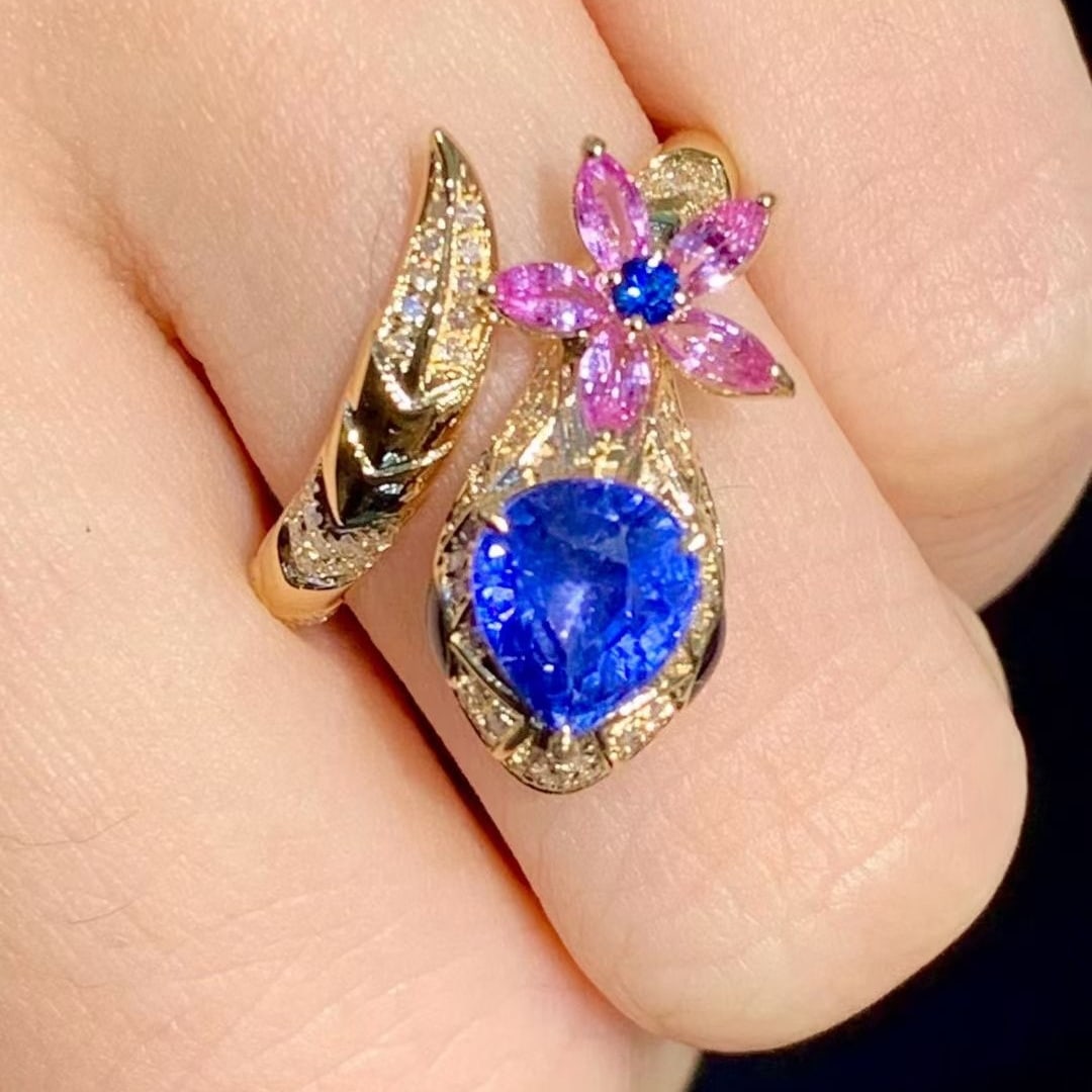 14k Gold 1.6 Ct Natural Sapphire & Diamond Ring - 4