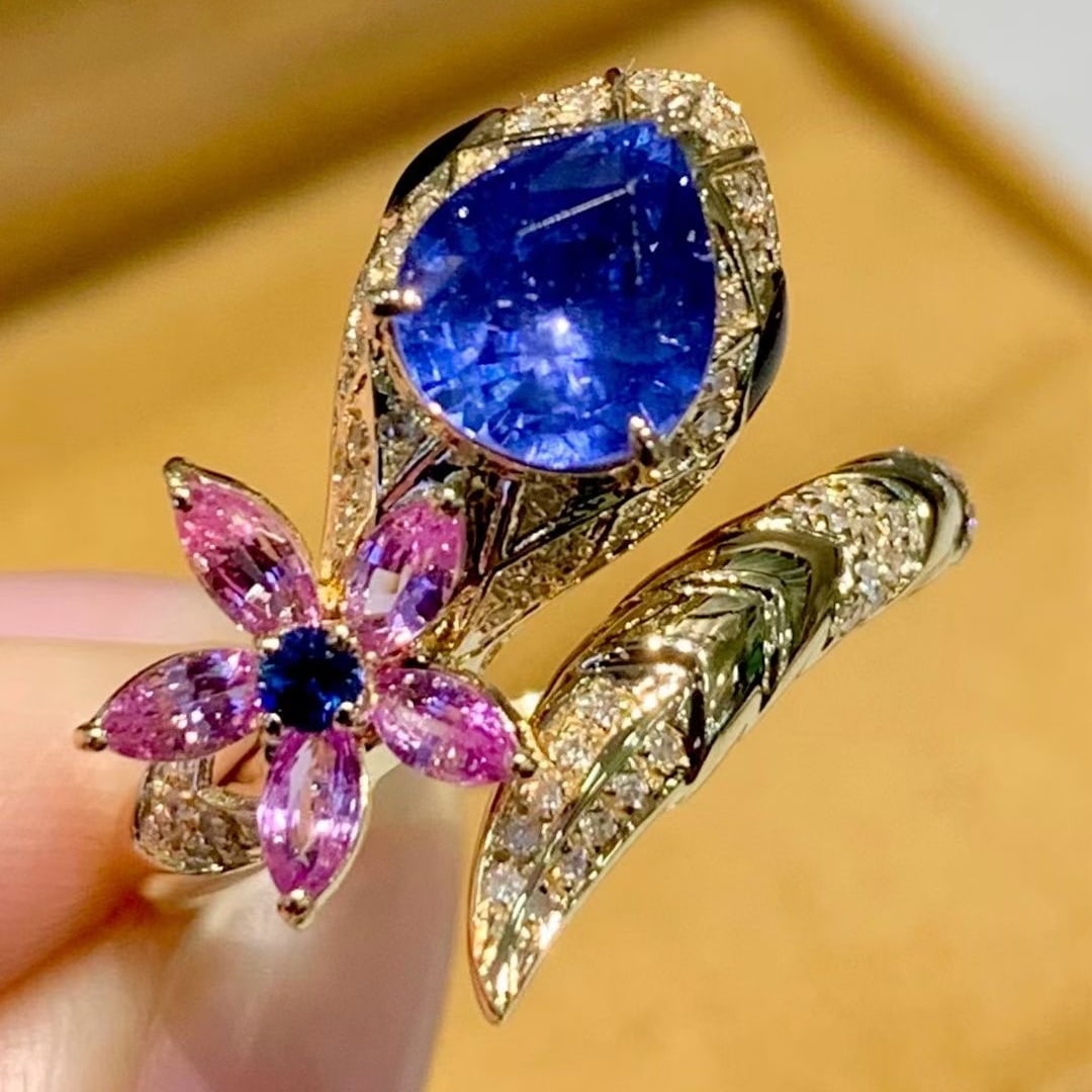 14k Gold 1.6 Ct Natural Sapphire & Diamond Ring - 6