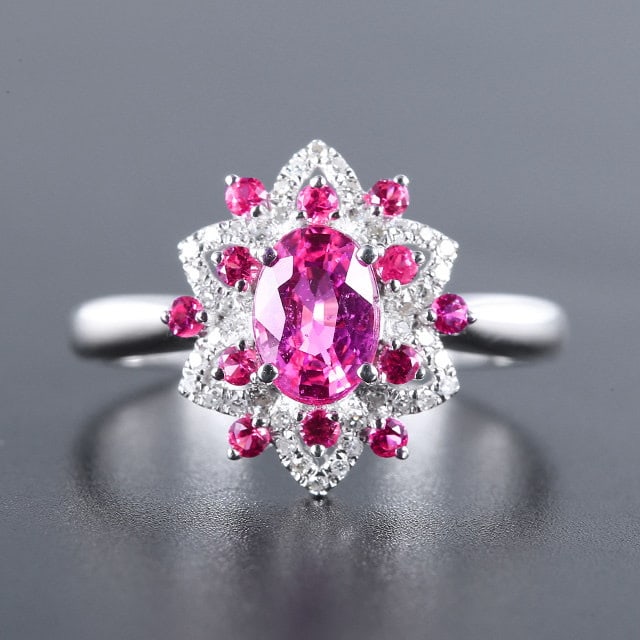 14k Gold 1.28 Ctw Natural Sapphire & Sapphire Ring: Ref:231127216 // gold content:14k gold // ring size:7. 25us // // main gemstone:sapphire // shape:oval // carat weight:0. 98ct // color:pink // treatment:natural // // adjacent gemstone 2 : sapphire /