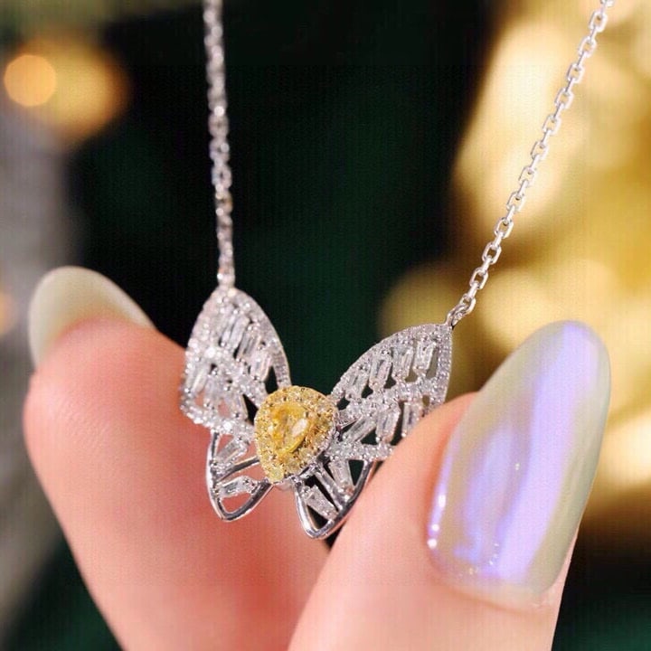 14k Gold 0.55 Ctw Natural Yellow Diamond & Diamond & Butterfly Necklace - 2