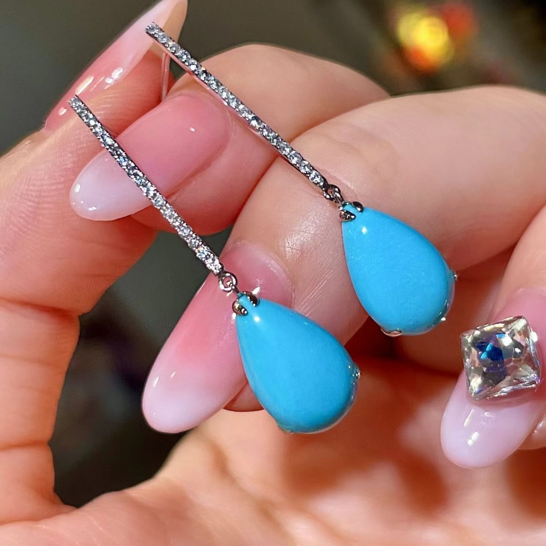 14k Gold 5.95 Ctw Natural Blue Turquoise & Diamond Earrings - 2