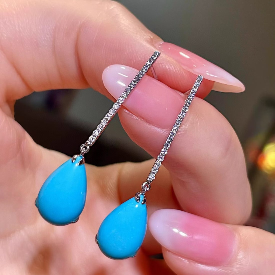 14k Gold 5.95 Ctw Natural Blue Turquoise & Diamond Earrings - 3