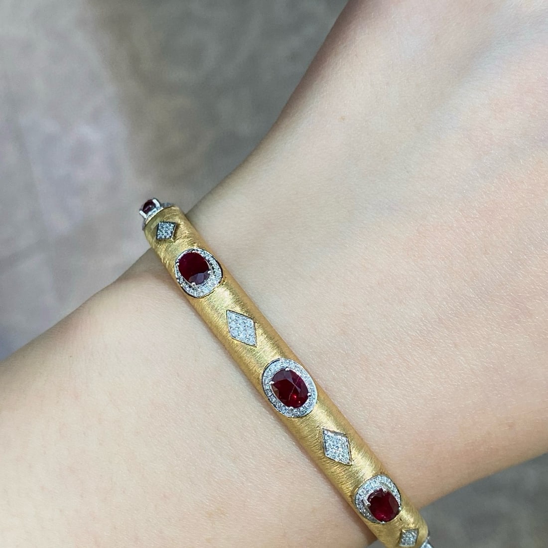 14k Gold 3.68 Ctw Natural Ruby & Diamond Bangle - 2