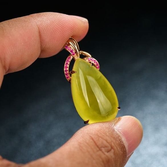 14k Gold 23.56 Ct Natural Prehnite & Ruby Pendant( Without Chain ) - 7