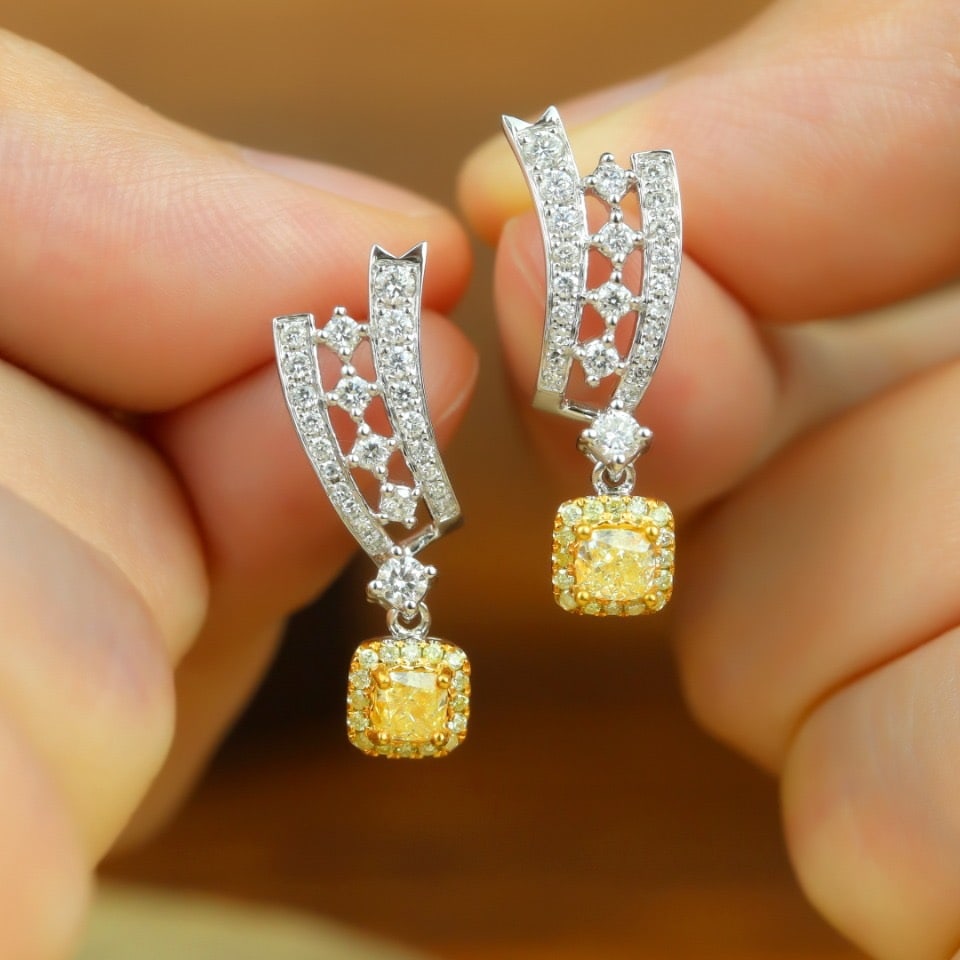 14k Gold 1.02 Ctw Natural Yellow Diamond & Diamond Earrings - 4