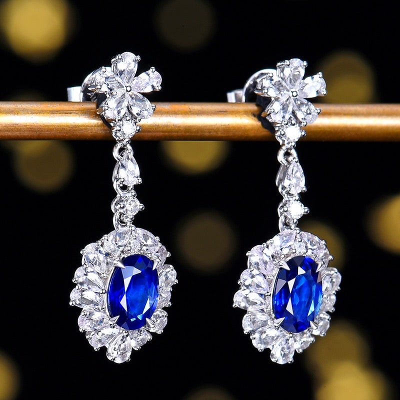 14k Gold 2.37 Ctw Vivid Blue Natural Sapphire & Sapphire Earrings - 3
