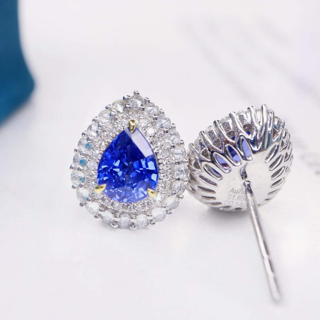 14k Gold 1.79 Ctw Natural Sapphire & Diamond Earrings - 4