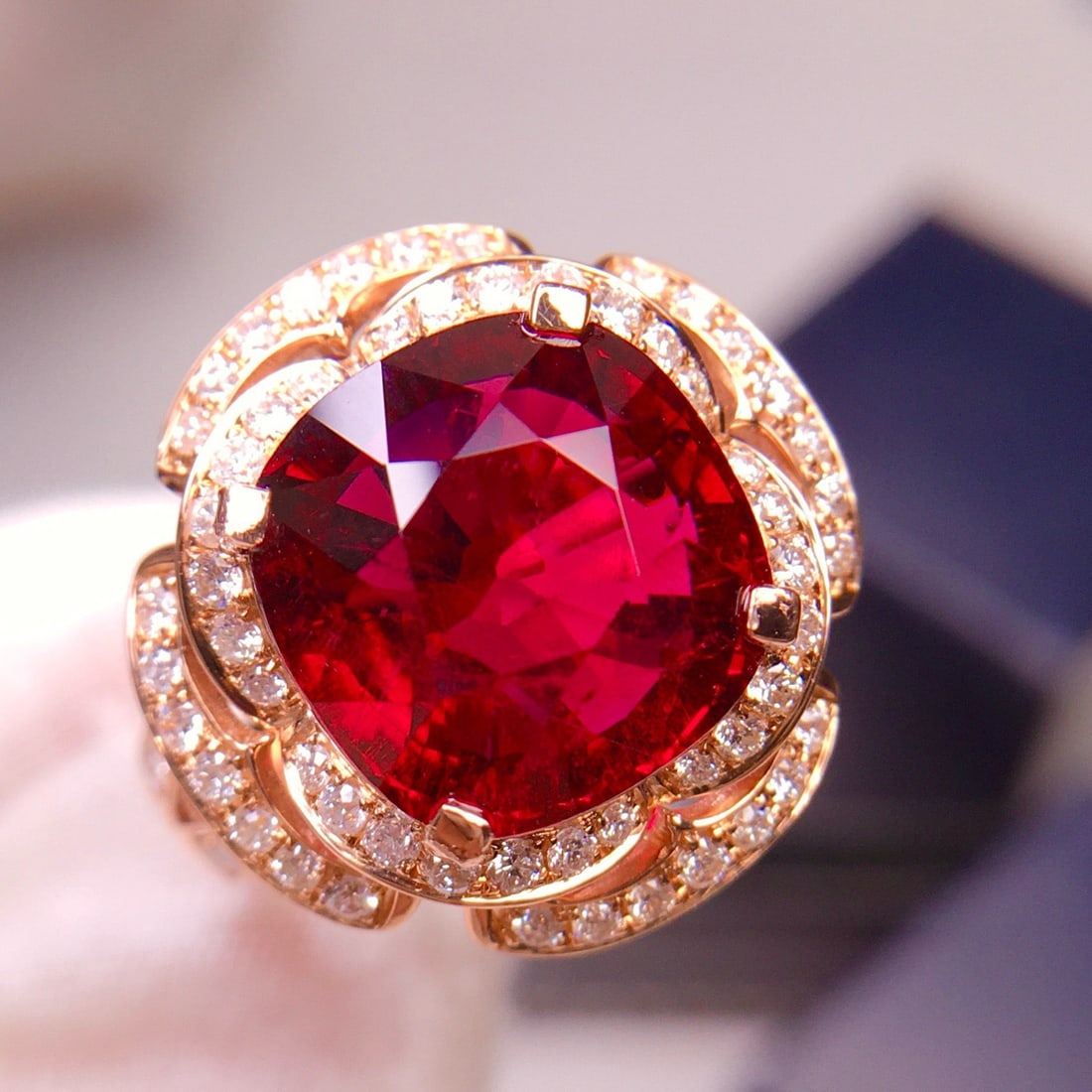 14k Gold 6.95 Ct Natural Tourmaline & Diamond Ring: Ref:231128089 // gold content:14k gold // ring size:7. 25us // // main gemstone:tourmaline // shape:cushion // carat weight:6. 95ct // color:red // treatment:natural // // adjacent gemstone 2 : diamon