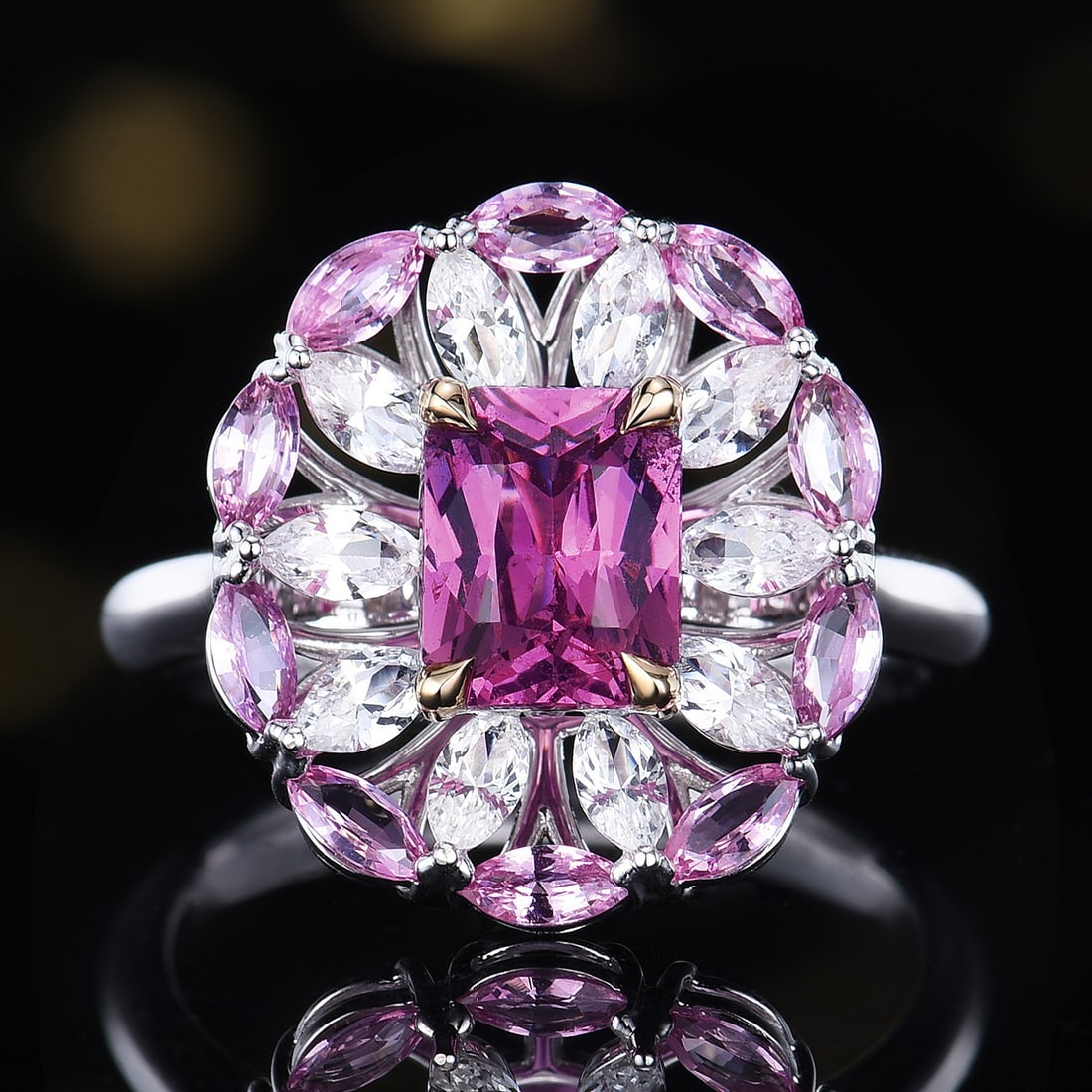 14k Gold 2.49 Ctw Natural Sapphire & Sapphire Ring: Ref:231128105 // gold content:14k gold // ring size:7. 25us // // main gemstone:sapphire // shape:octagonal // carat weight:1. 61ct // color:pink // treatment:natural // // adjacent gemstone 2 :