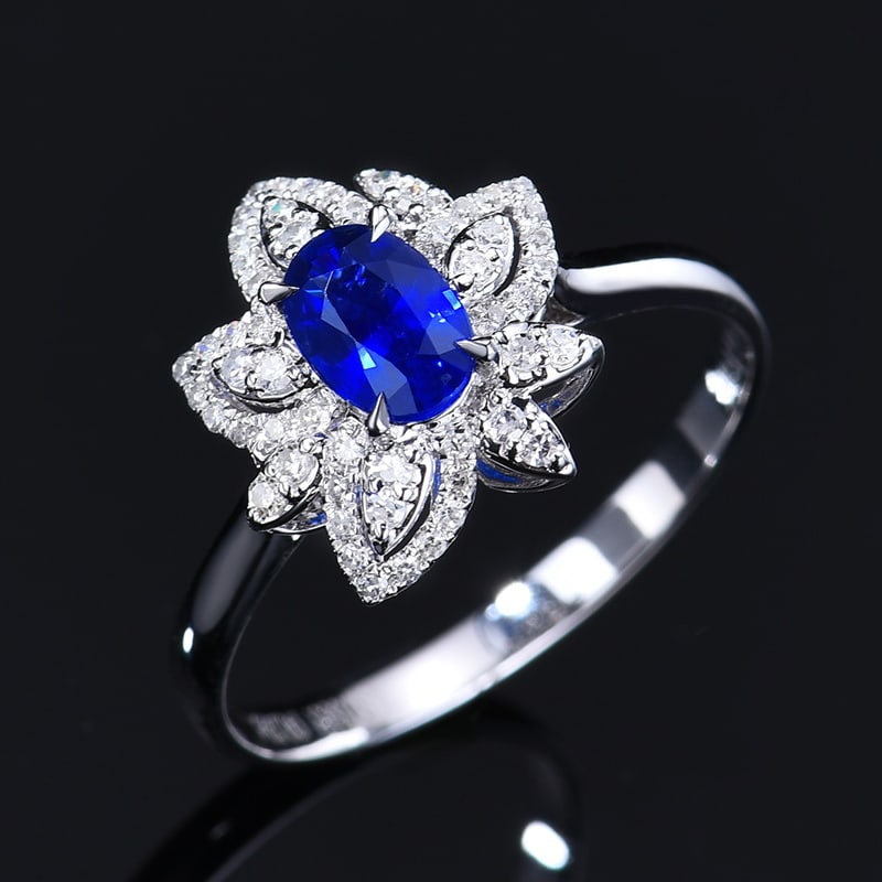 14k Gold 0.65 Ctw Natural Sapphire & Diamond Ring: Ref:231128106 // gold content:14k gold // ring size:7. 25us // // main gemstone:sapphire // shape:oval // carat weight:0. 45ct // color:royal blue // treatment:natural // // adjacent gemstone 2 :