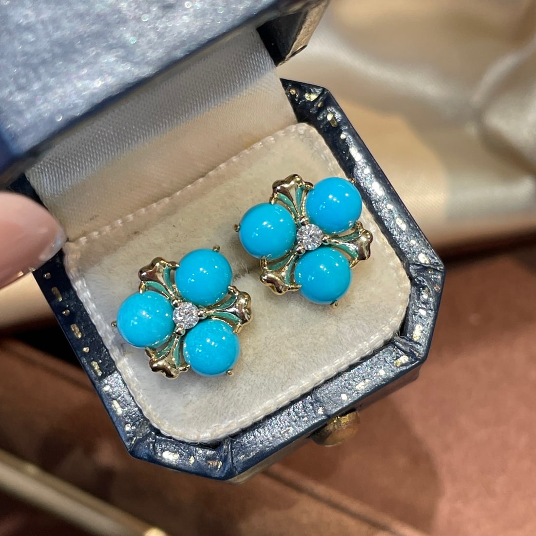 14k Gold 4 Ct Natural Blue Turquoise & Diamond Earrings - 4