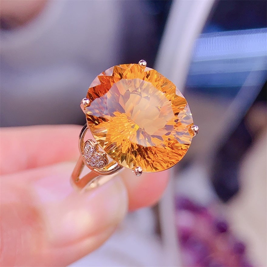 14k Gold 10.2 Ct Natural Citrine & Diamond Ring - 2