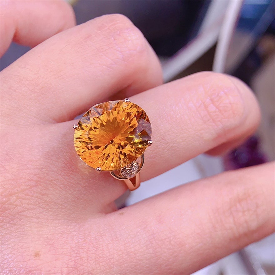 14k Gold 10.2 Ct Natural Citrine & Diamond Ring - 5
