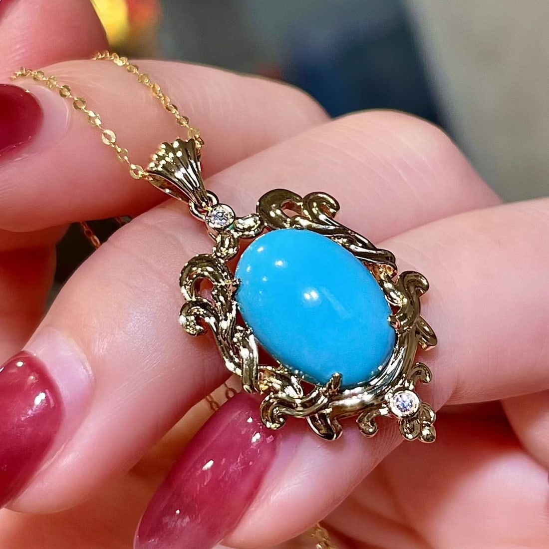 14k Gold 4.79 Ct Natural Blue Turquoise & Diamond Pendant( Without Chain ) - 2