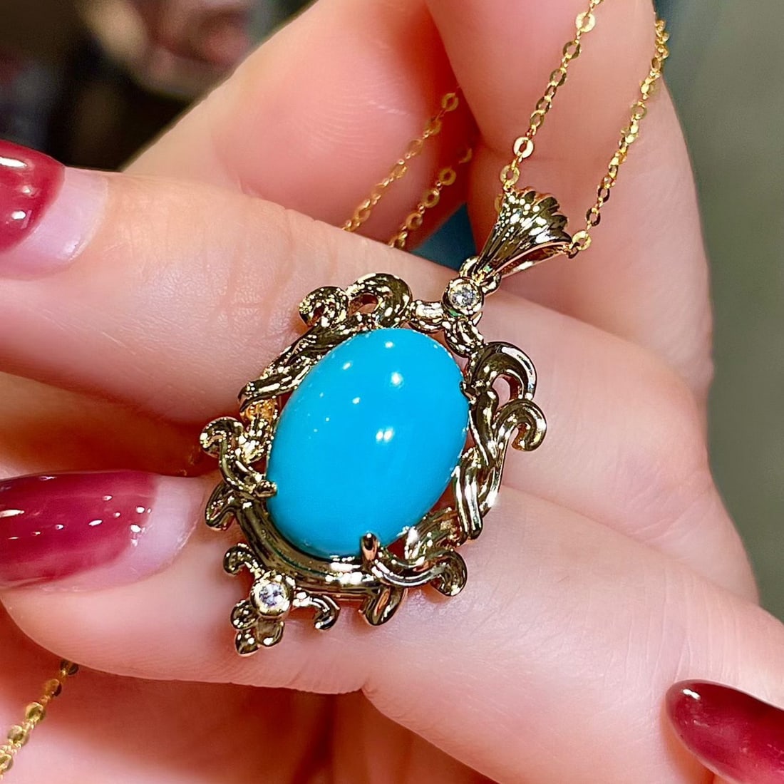 14k Gold 4.79 Ct Natural Blue Turquoise & Diamond Pendant( Without Chain ) - 3