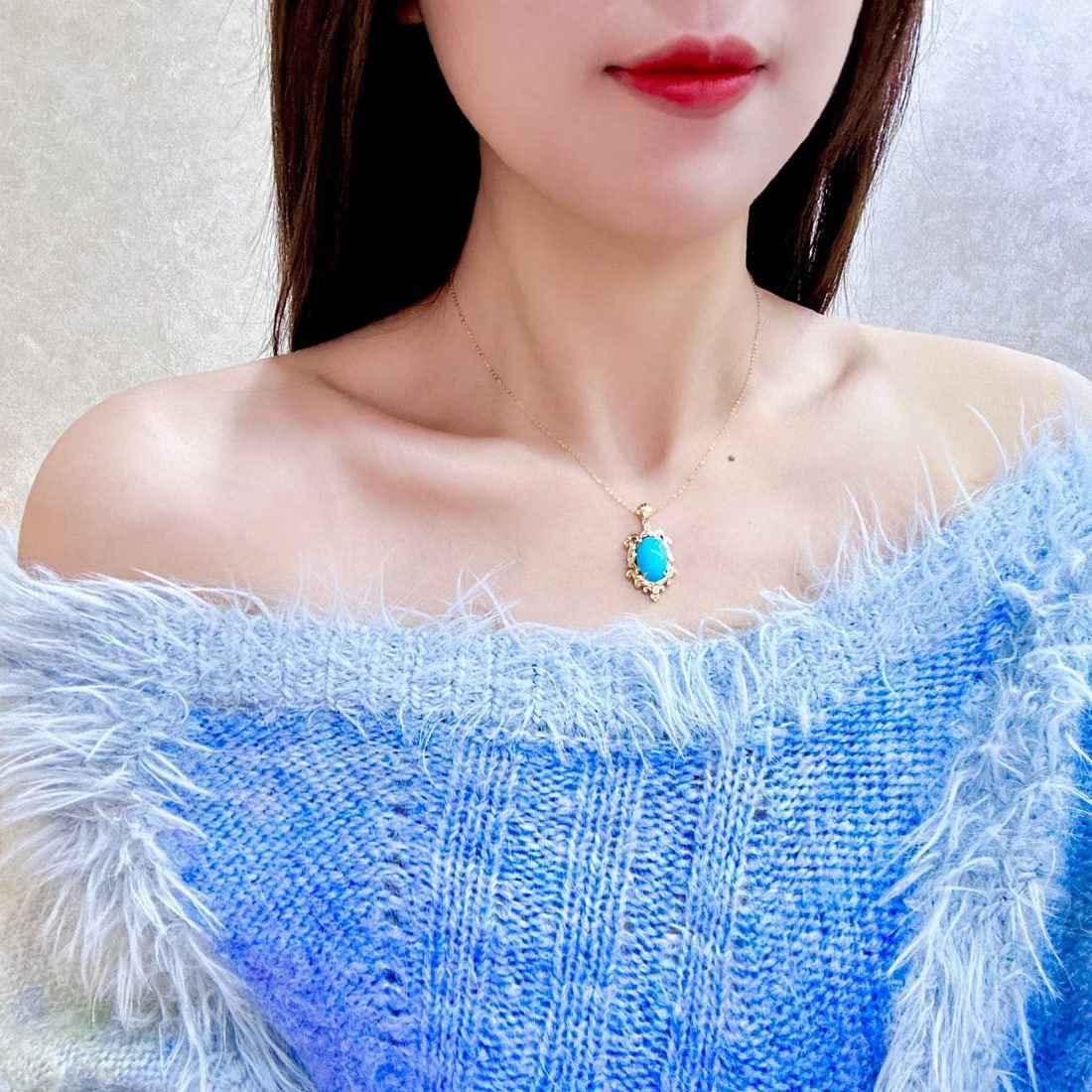 14k Gold 4.79 Ct Natural Blue Turquoise & Diamond Pendant( Without Chain ) - 4