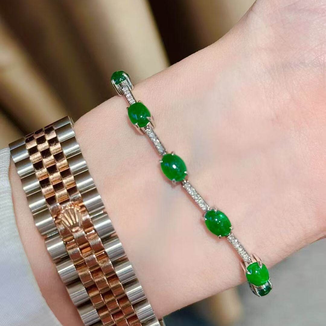 14k Gold 7.76 Ctw Vivid Green Natural Emerald & Diamond Bracelet - 5