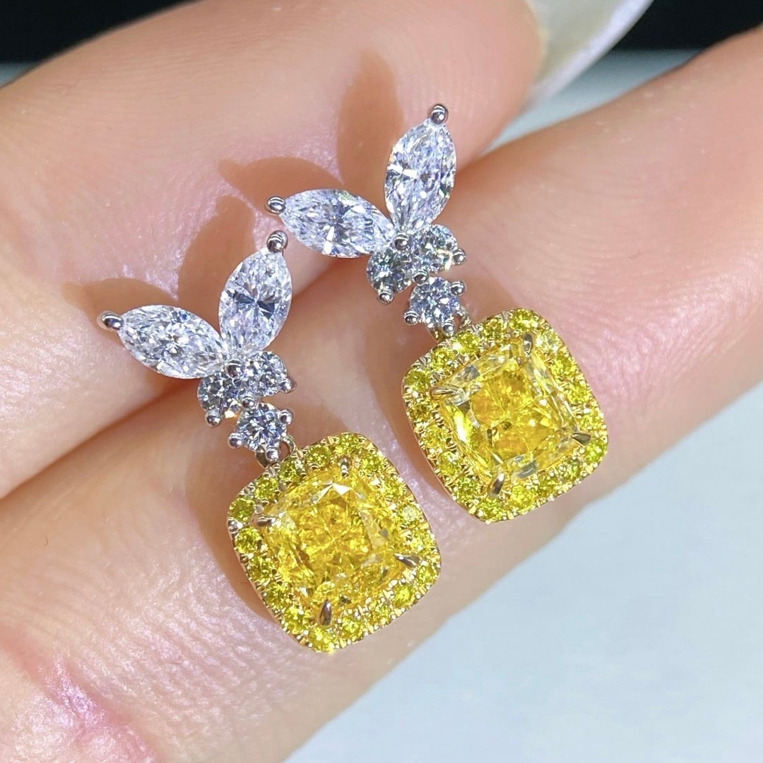14k Gold 1.95 Ctw Natural Yellow Diamond & Diamond Earrings: Ref:231128158 // gold content:14k gold // main gemstone:yellow diamond // shape:cushion // carat weight:1. 28ct // color:yellow // treatment:natural // // adjacent gemstone 2 : diamond //