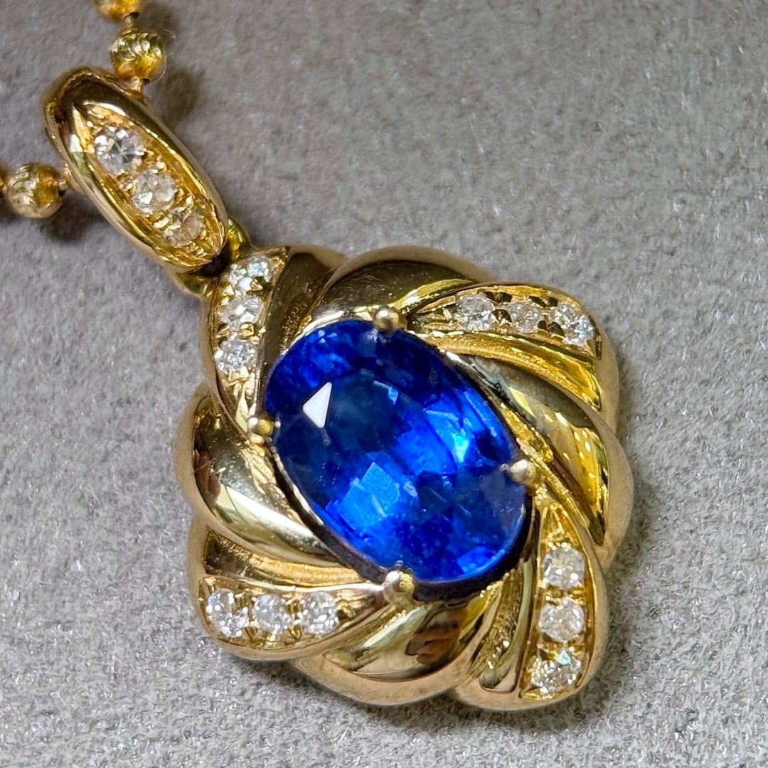 14k Gold 1.48 Ctw Vivid Blue Natural Sapphire & Diamond Pendant( Without Chain ) - 2