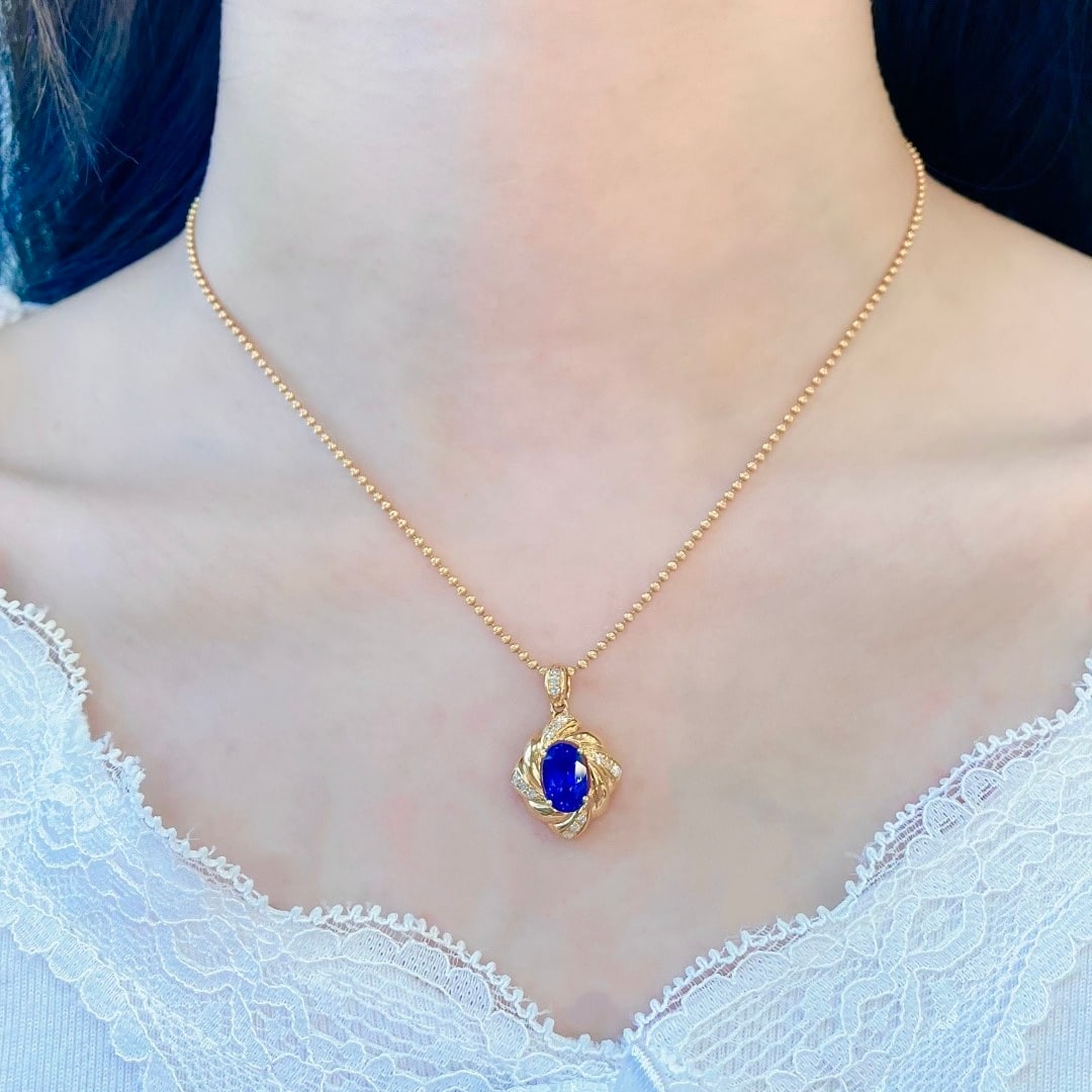 14k Gold 1.48 Ctw Vivid Blue Natural Sapphire & Diamond Pendant( Without Chain ) - 6