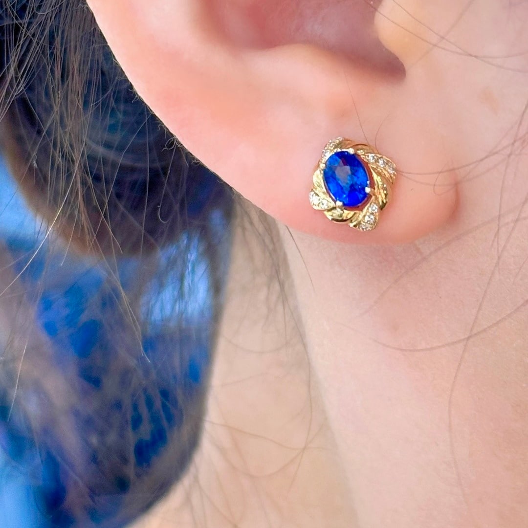 14k Gold 1.61 Ctw Vivid Blue Natural Sapphire & Diamond Earrings - 4