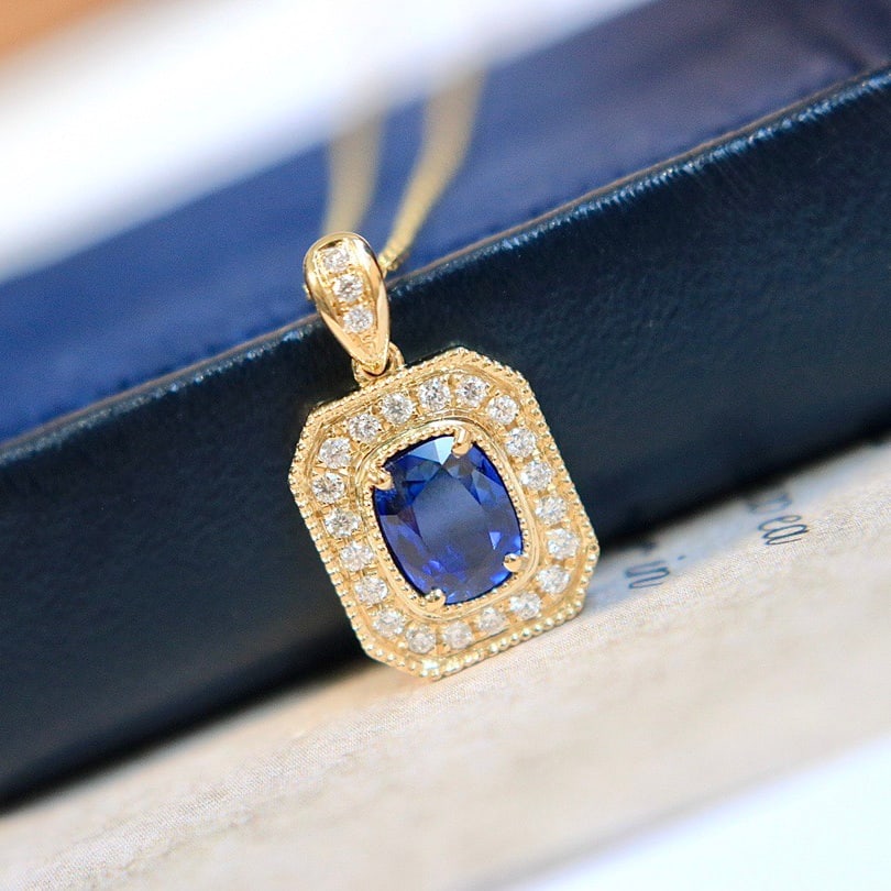 14k Gold 1.18 Ctw Natural Sapphire & Diamond Pendant( Without Chain ): Ref:231128176 // gold content:14k gold // main gemstone:sapphire // shape:cushion // carat weight:1. 01ct // color:royal blue // treatment:natural // // adjacent gemstone 2 : diamond // shape:round