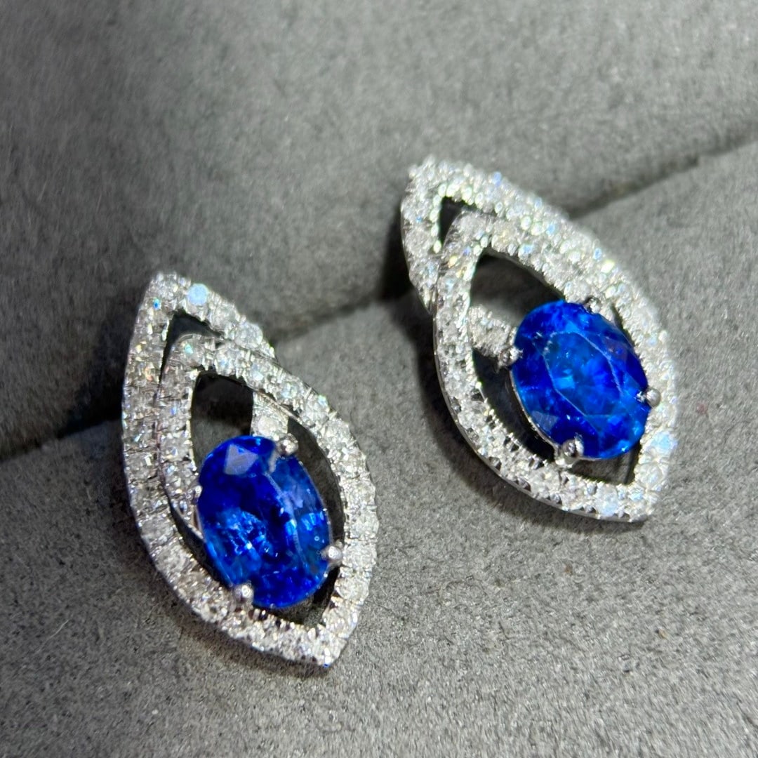 14k Gold 2.08 Ctw Vivid Blue Natural Sapphire & Diamond Earrings - 2