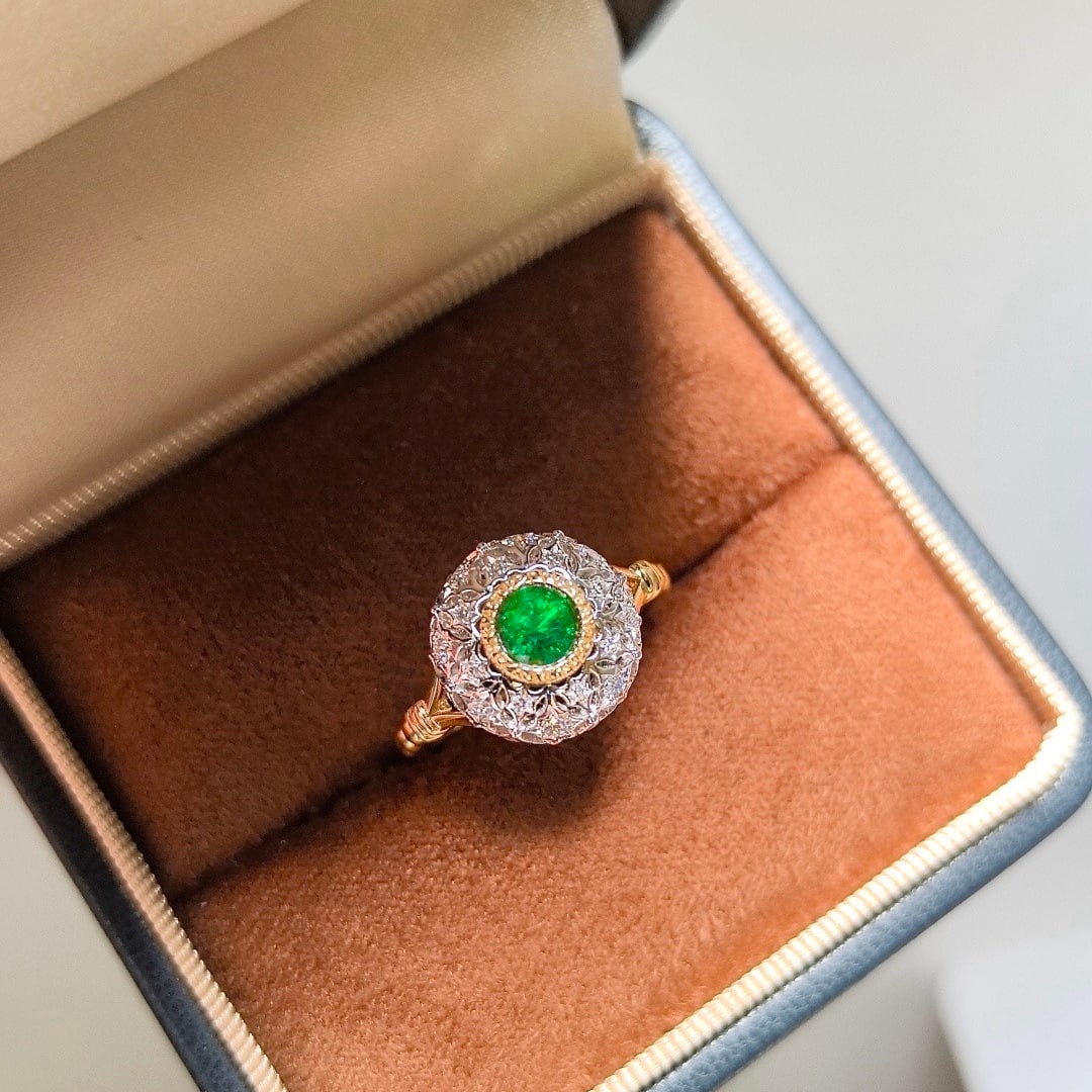 14k Gold 0.66 Ctw Vivid Green Natural Emerald & Diamond Ring - 3