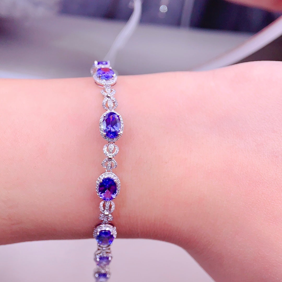 14k Gold 7.8 Ct Natural Tanzanite & Diamond Bracelet - 7
