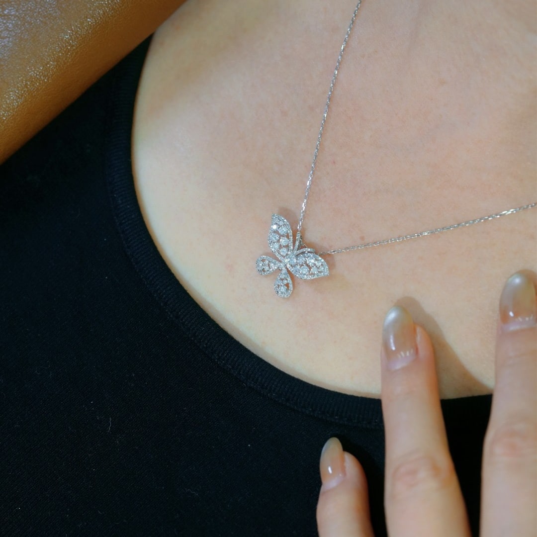 14k Gold 0.88 Ct Natural H Diamond & Butterfly Necklace - 4
