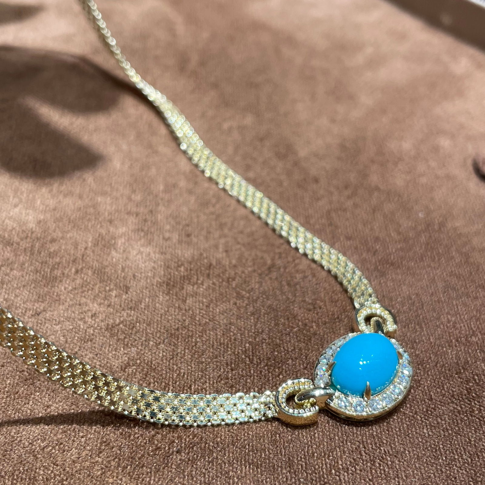 14k Gold 1.97 Ct Natural Blue Turquoise & Diamond Necklace - 2