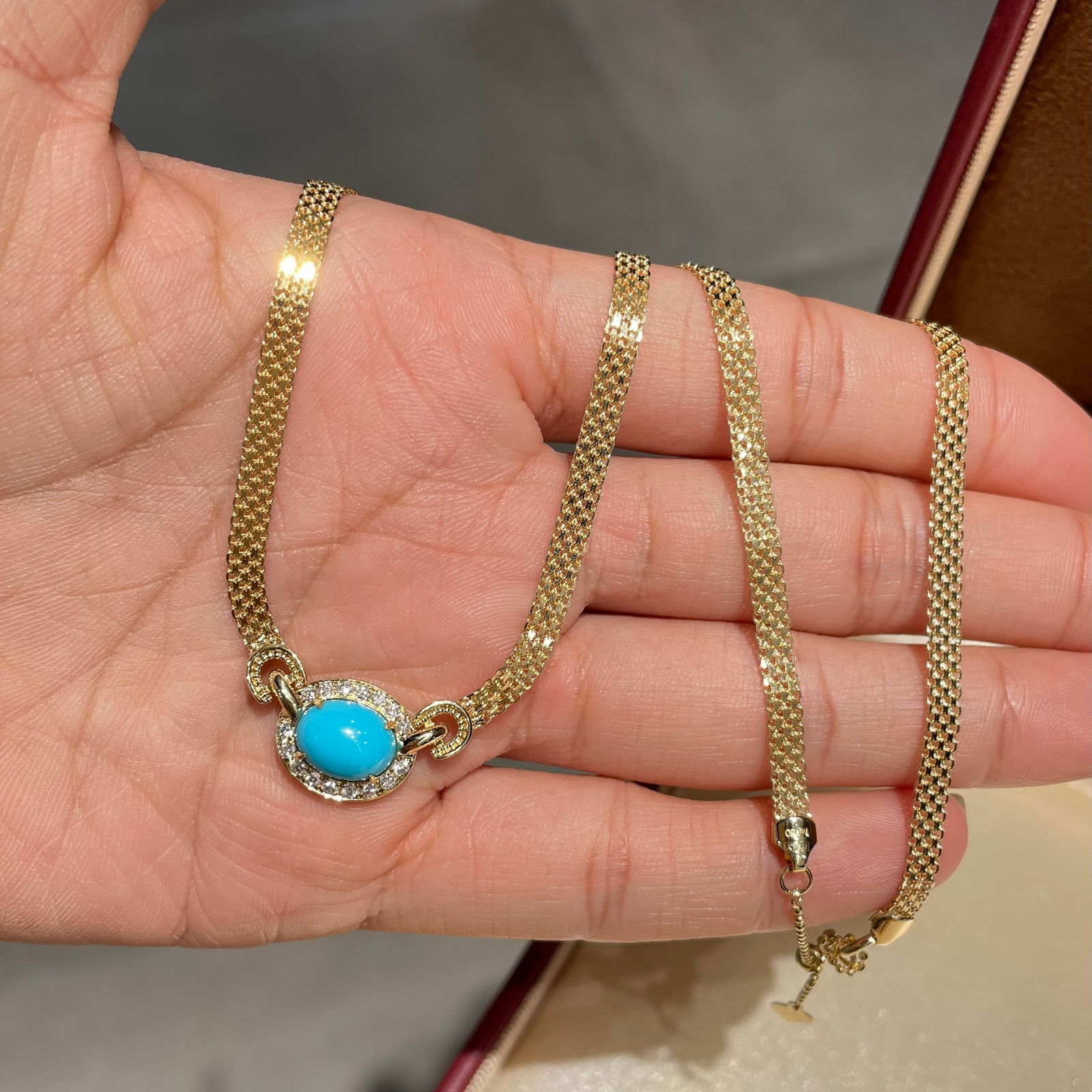 14k Gold 1.97 Ct Natural Blue Turquoise & Diamond Necklace - 3