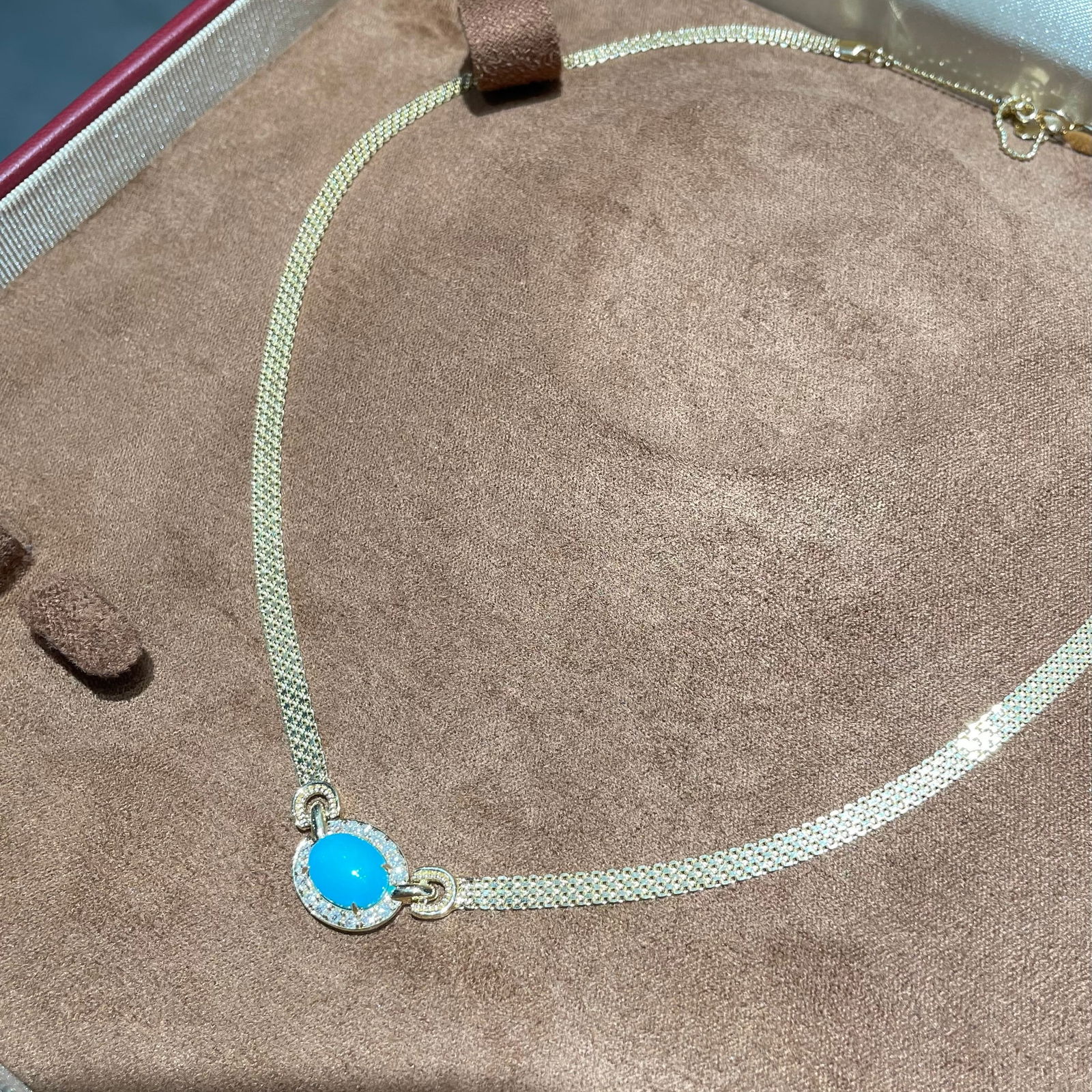 14k Gold 1.97 Ct Natural Blue Turquoise & Diamond Necklace - 4