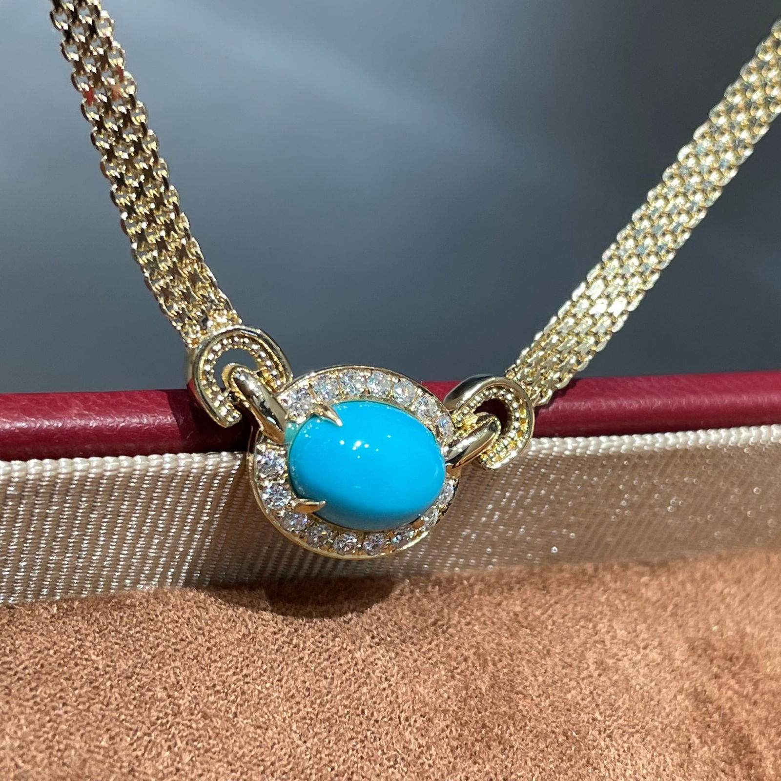14k Gold 1.97 Ct Natural Blue Turquoise & Diamond Necklace - 5