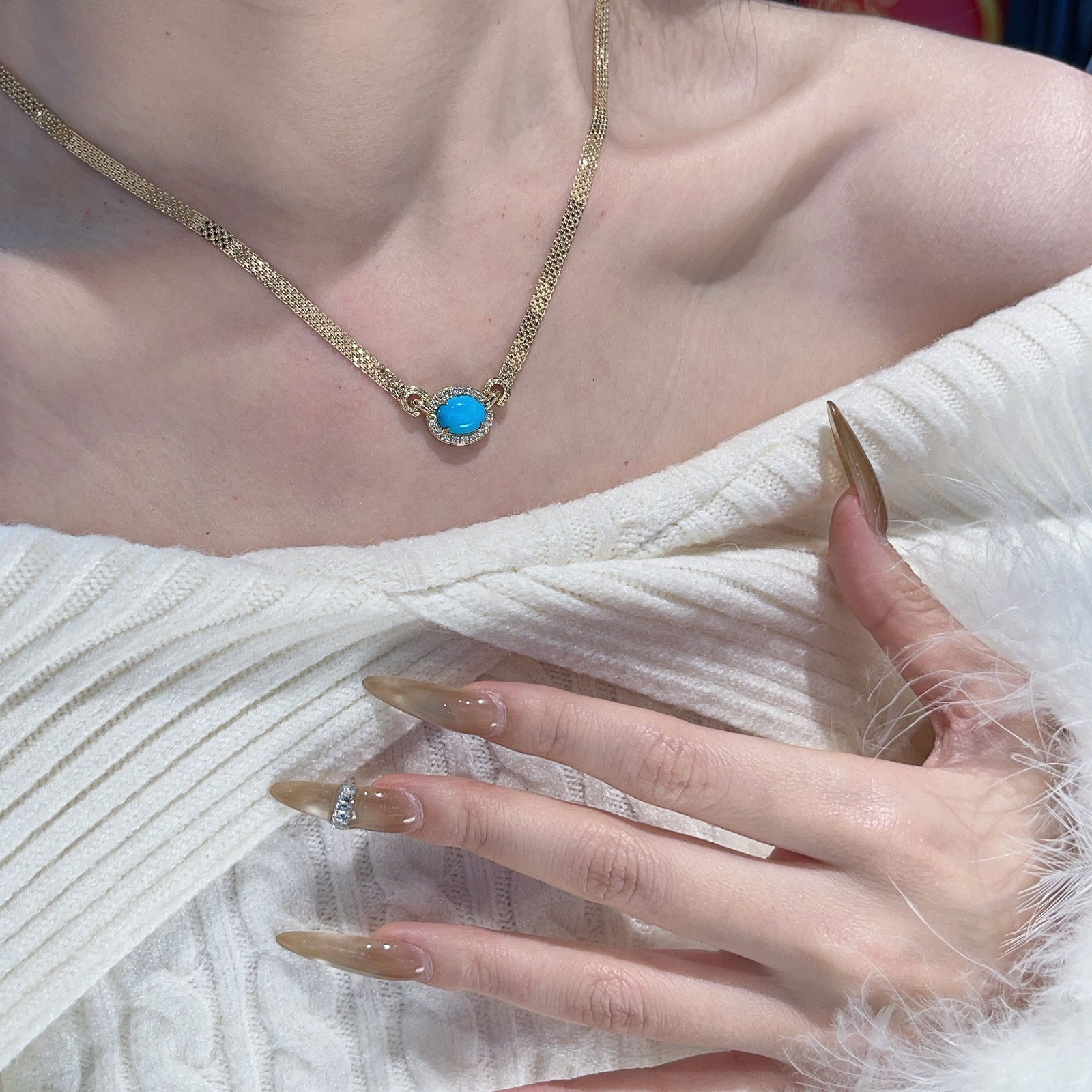 14k Gold 1.97 Ct Natural Blue Turquoise & Diamond Necklace - 7