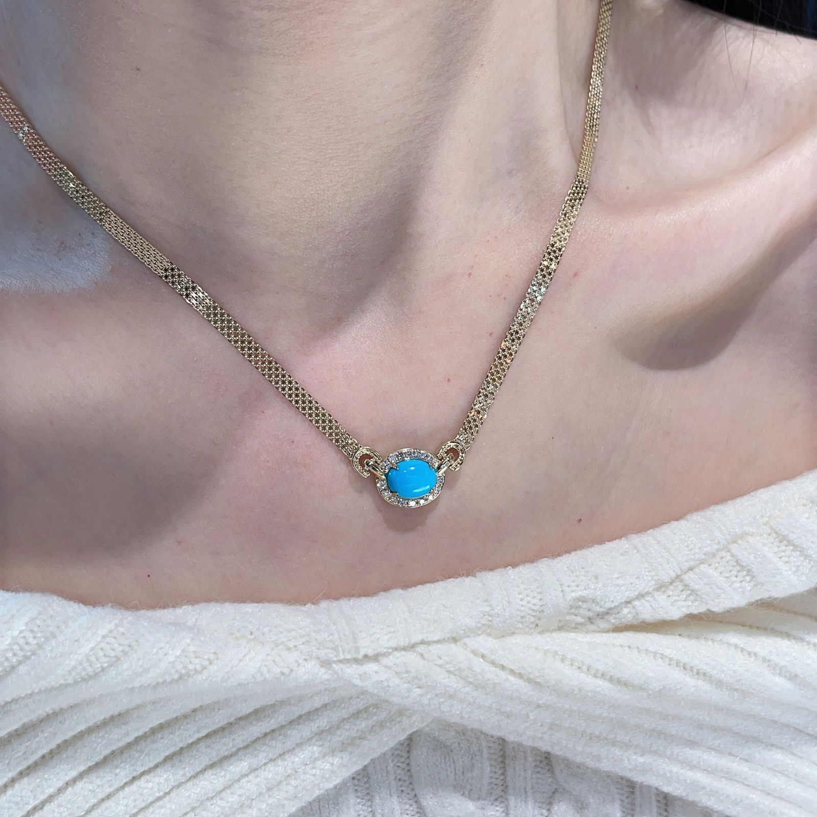 14k Gold 1.97 Ct Natural Blue Turquoise & Diamond Necklace - 8