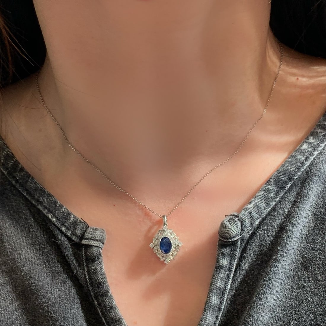 14k Gold 1.65 Ctw Natural Sapphire & Diamond Pendant( Without Chain ) - 7