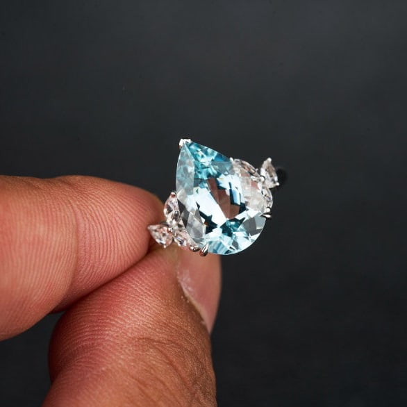 14k Gold 4.71 Ctw Natural Aquamarine & Sapphire Ring - 7