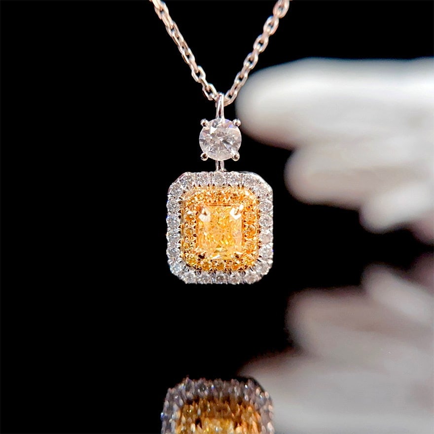 14k Gold 0.73 Ctw Natural Yellow Diamond & Diamond Pendant( Without Chain ): Ref:231128240 // gold content:14k gold // main gemstone:yellow diamond // shape:cushion // carat weight:0. 38ct // color:yellow // treatment:natural // // adjacent gemstone 2 : diamond //