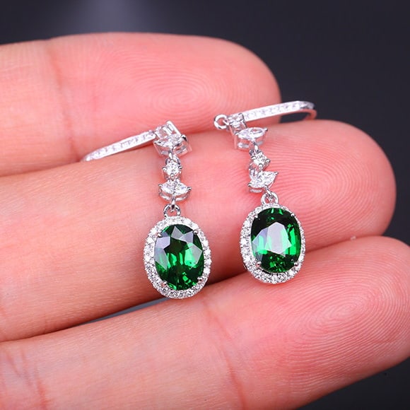 14k Gold 3.17 Ctw Vivid Green Natural Tsavorite & Diamond Earrings - 7