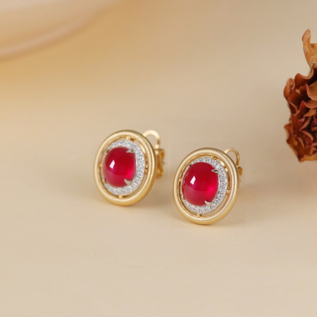 14k Gold 3.58 Ct Natural Ruby & Diamond Earrings - 2