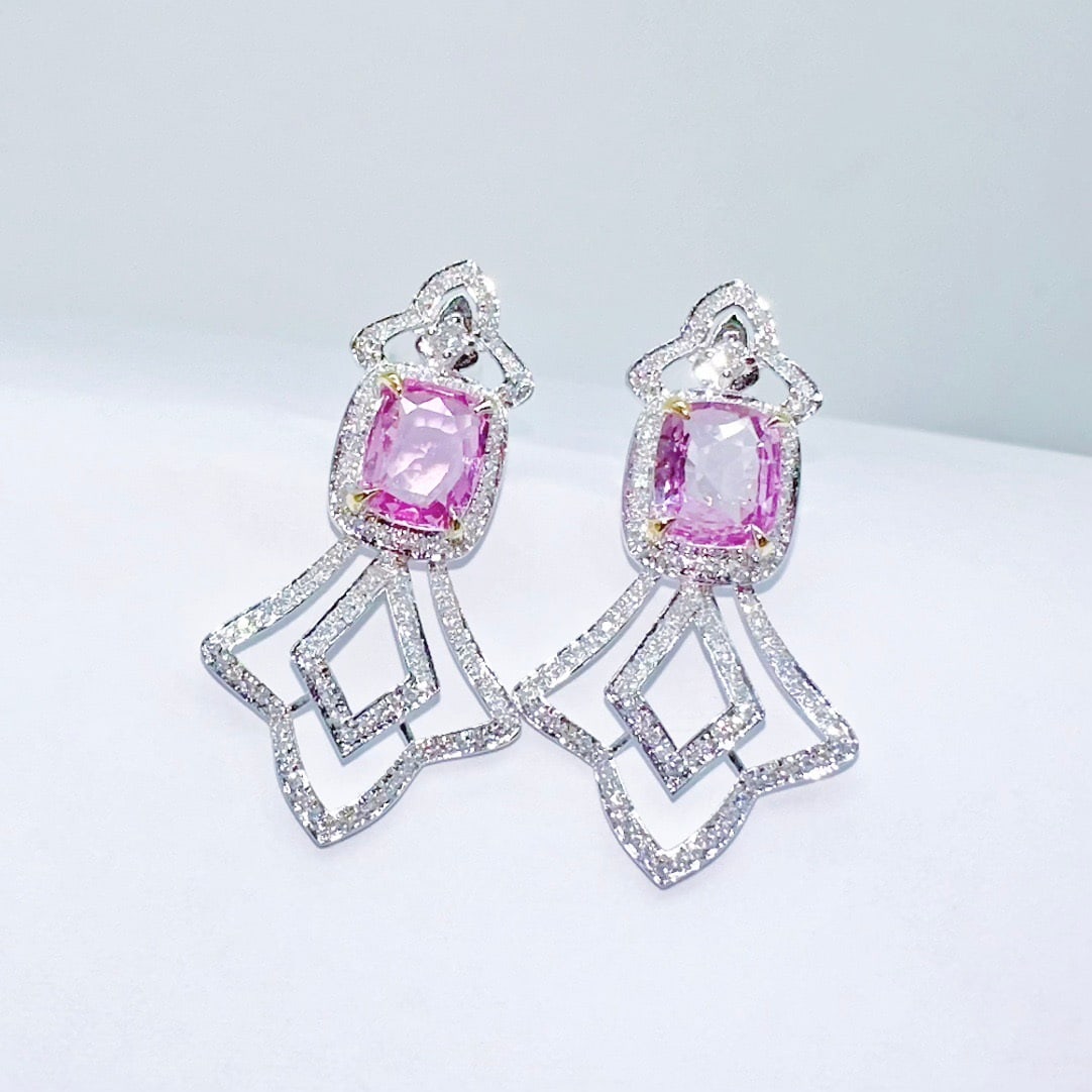 14k Gold 2.24 Ct Natural Padparadscha Sapphire & Diamond Earrings: Ref:231128266 // gold content:14k gold // main gemstone:padparadscha sapphire // shape:cushion // carat weight:2. 24ct // color:orangish pink // treatment:natural // // adjacent gemstone 2 :