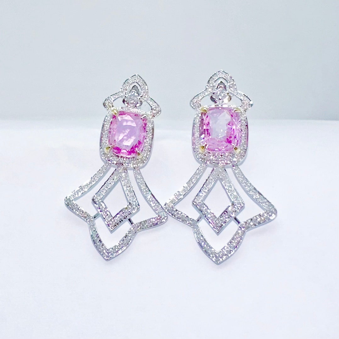 14k Gold 2.24 Ct Natural Padparadscha Sapphire & Diamond Earrings - 2