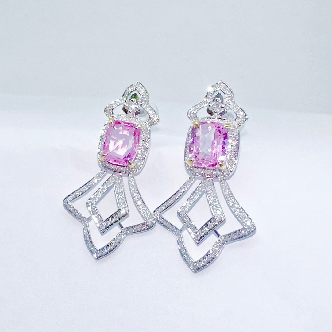 14k Gold 2.24 Ct Natural Padparadscha Sapphire & Diamond Earrings - 3