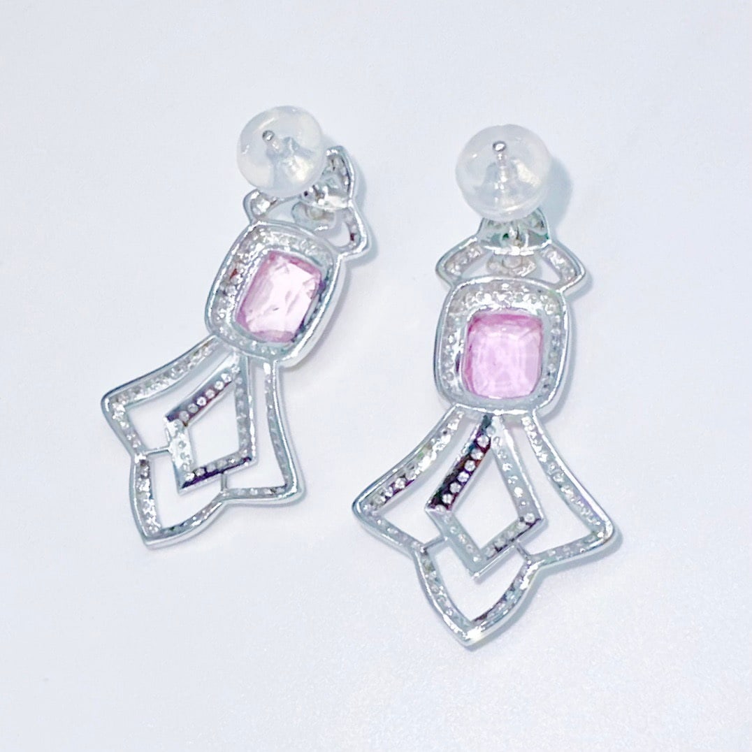 14k Gold 2.24 Ct Natural Padparadscha Sapphire & Diamond Earrings - 4