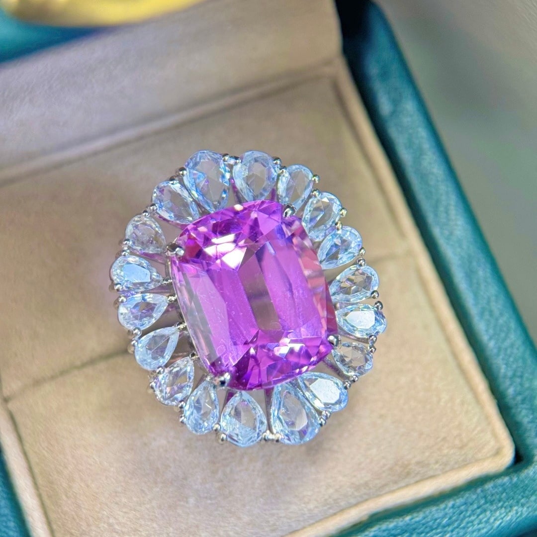 14k Gold 20.03 Ctw Natural Kunzite & Sapphire Ring - 2